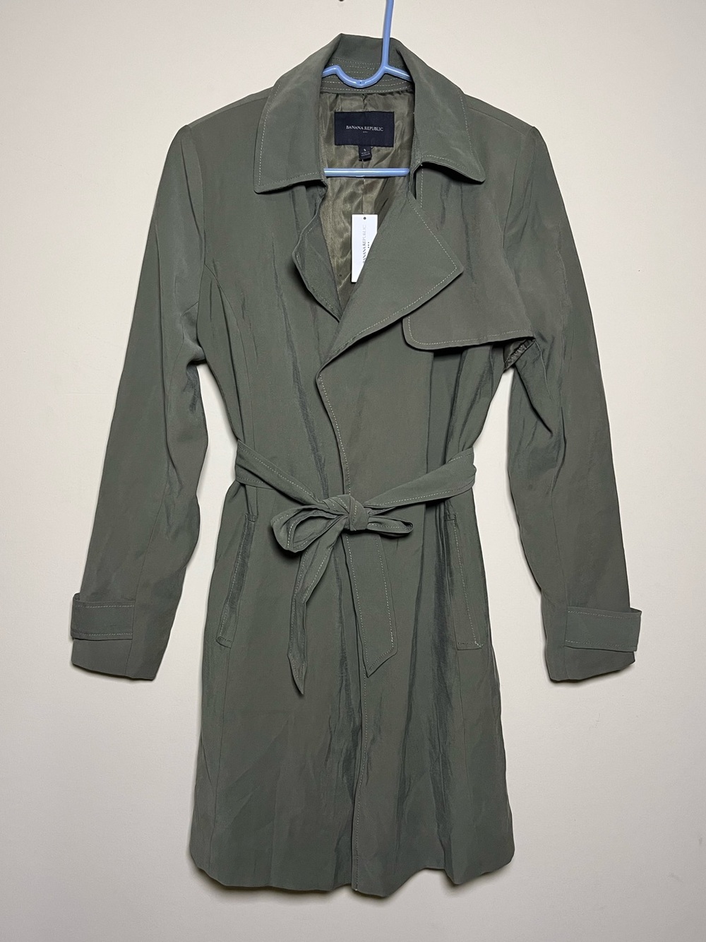 Banana Republic Olive Trench Coat Classic Open Front Tie Waist Women’s Size S